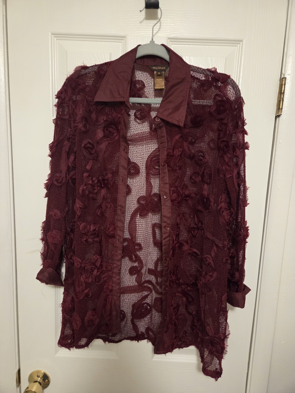 Multiples Women's Burgundy Floral Appliqué Sheer Trench